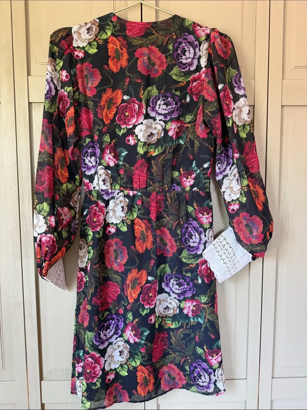 Floral Mini Dress With Blouson Sleeve And Contrast Lace Cuff